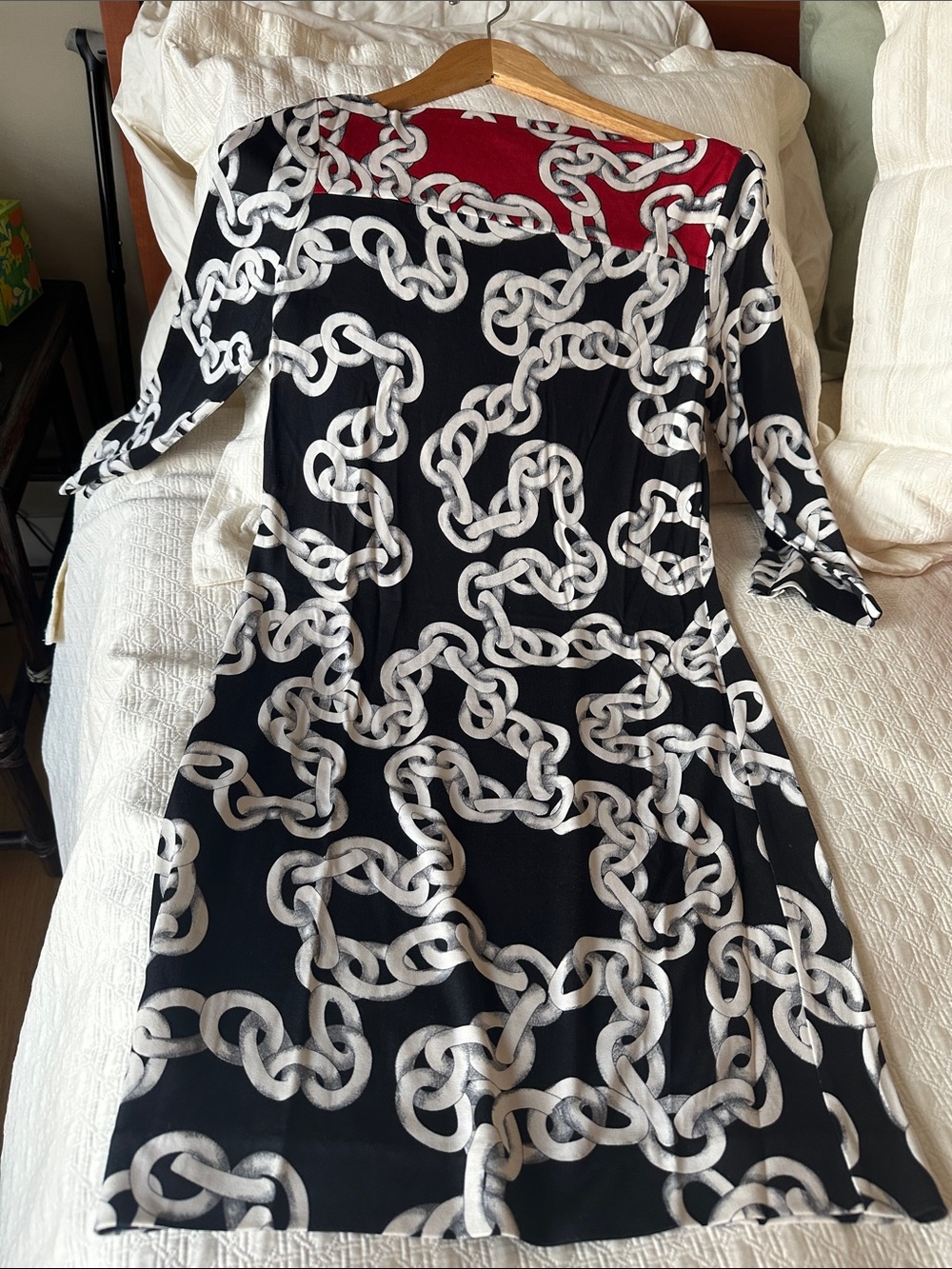 Diane Von Furstenberg Black Dress with White Chain Print and Red Yoke